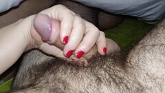Small dick handjob. Wife'_s big reward for hubby'_s small cock. Mutual handjob with red nail Thumb