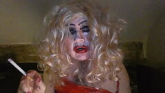 Desperate Sissy Fag Slut, Sarah, smokes, rams big, black dildo up herself, wanks Thumb
