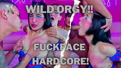 This horny slut'_s small tits are pinched and she sucks a big cock down her throat Thumb