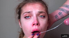 StepSister Tasting Stepbrother'_s Cum - Close Up DeepThroat Blowjob Thumb