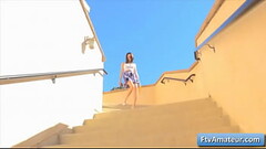 Naughty teenager girl Cadey fucks her pink bald pussy with ripe banana outdoors Thumb