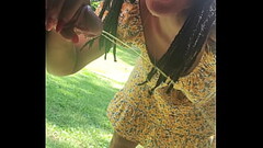 Outside hiding under porch peeing licking my fingers then sucking my masters cock Thumb