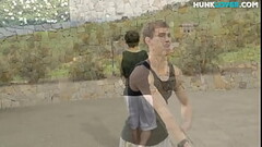 Smooth amateur jock softly jerks his shaft on the bench Thumb
