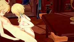 Genshin Impact Hentai - Aether and Lumine Handjob and Fucked with creampie in her pussy - Japanese V Thumb