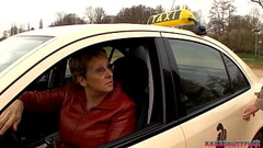 Horny milf driving taxi and fucking with stranger, eating his cum Thumb