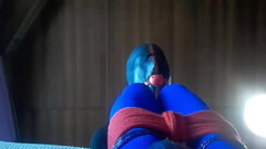 Laura is bound sitted on a sofa taking a big cock on her mouth. Sloppy spitting blowjob with huge or Thumb