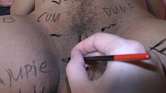 Pregnant slutwife gets dirty body writing on her body, belly and boobs before fucking - Milky Mari Thumb