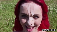 Feisty honey gets jizz load on her face sucking all the charge Thumb