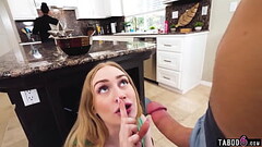 Teen stepsister Emma Starletto hides the kitchen blowjob from our step mom Thumb