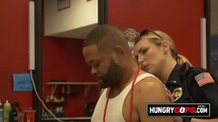 Horny MILF is playing with a black dick inside her mouth at the barbershop. Thumb