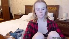 Blonde teen in see through bra on cam Thumb