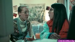Nerdy lesbian teens Cadence Lux and Serena Blair experimented a virtual 3D creation that came to lif Thumb
