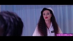 Hot nurses Casey Calvert and Sarah Vandella feel horny so they started an awesome lesbian 3some with Thumb