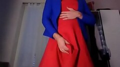 Young amateur cross dresser teasing and touching in a sexy red dress and cute blue blazer back from  Thumb