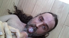 Gringo stroking cock shooting hot cum on lips in mouth down throat dirty sluty american whore xxx Thumb
