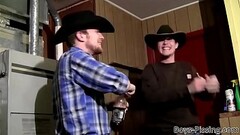 Cowboy pisses in his own mouth and jerks off with his friend Thumb