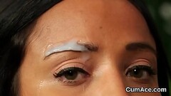 Wacky honey gets jizz load on her face sucking all the jizm Thumb