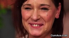 Slutty bombshell gets cum shot on her face swallowing all the ejaculate Thumb