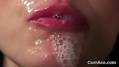 Horny centerfold gets cum load on her face swallowing all the jizm Thumb