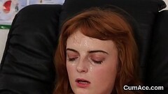 Frisky peach gets cumshot on her face eating all the ejaculate Thumb