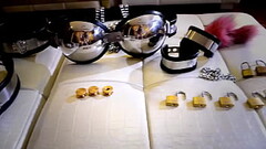 girl in female mask and  latex self-bondage Chastity belt Thumb