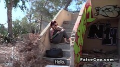 Tattooed redhead sucks cock to fake cop outdoor Thumb